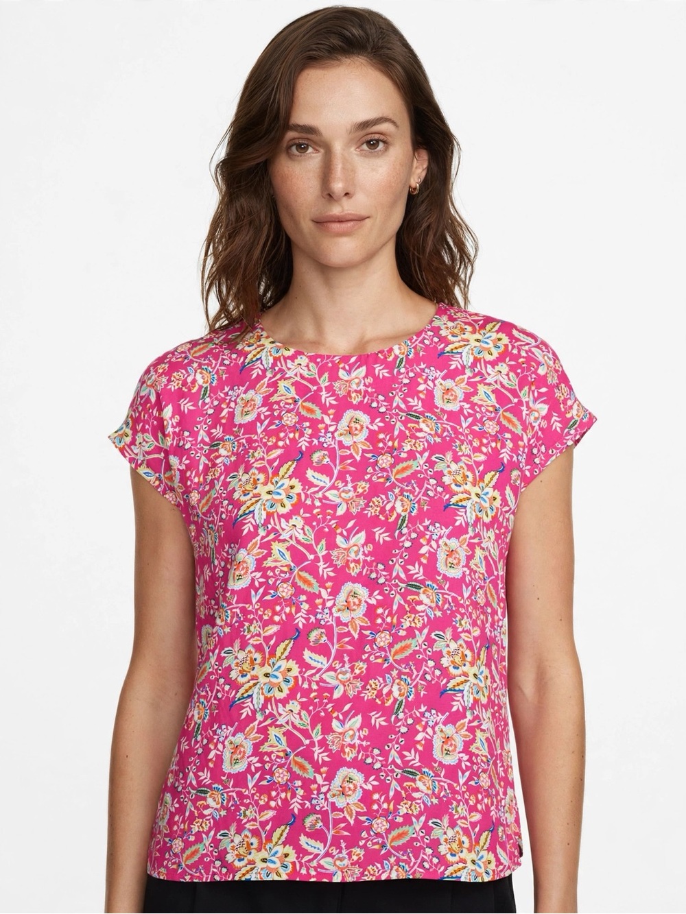 Rose + Olive L Pink Floral Blouse Cap Sleeve Keyhole Back